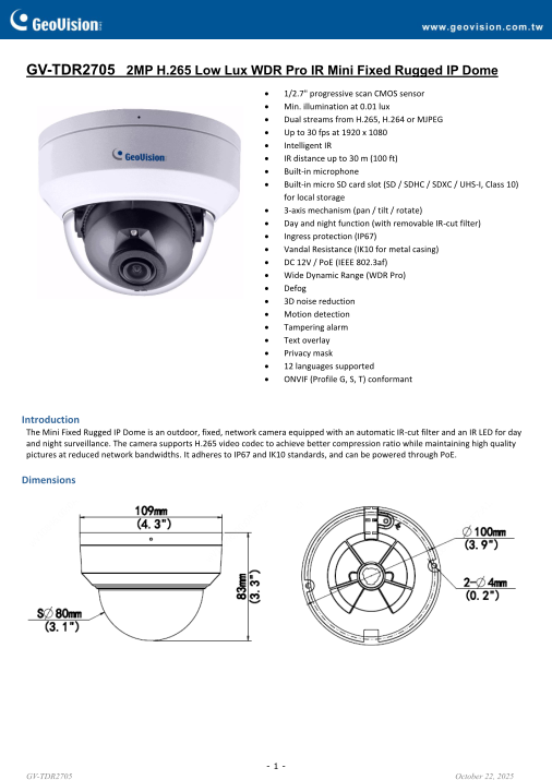 دیتاشیت دوربین مینی‌دام GV-TDR2705 (۲MP)